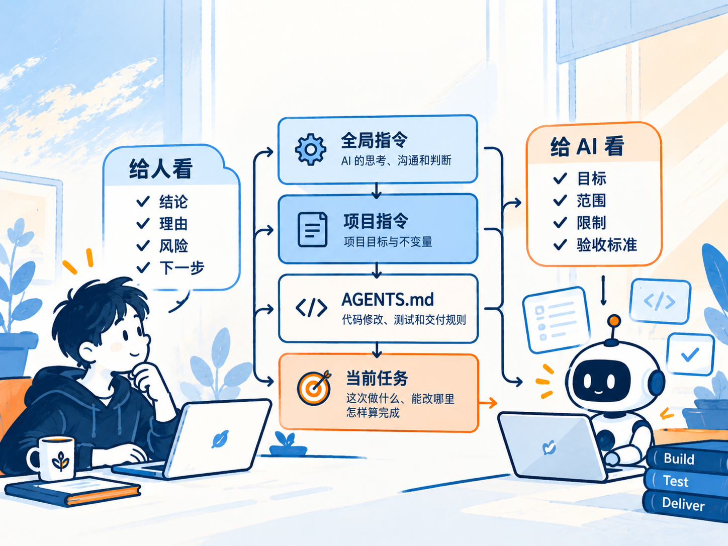 AI 提示词分层与规则架构图：展示全局指令、项目指令、AGENTS.md 与当前任务卡的分层协作关系